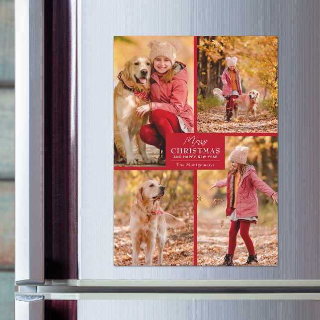 4 Photo Collage Red Christmas Magnetic Cards (4 Photo Collage Red Merry Christmas Magnetic Cards)