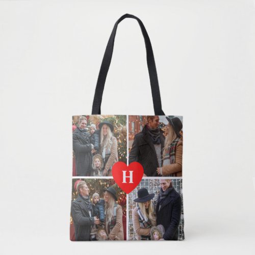 4 Photo Collage Red Heart Shaped Monogrammed Tote Bag