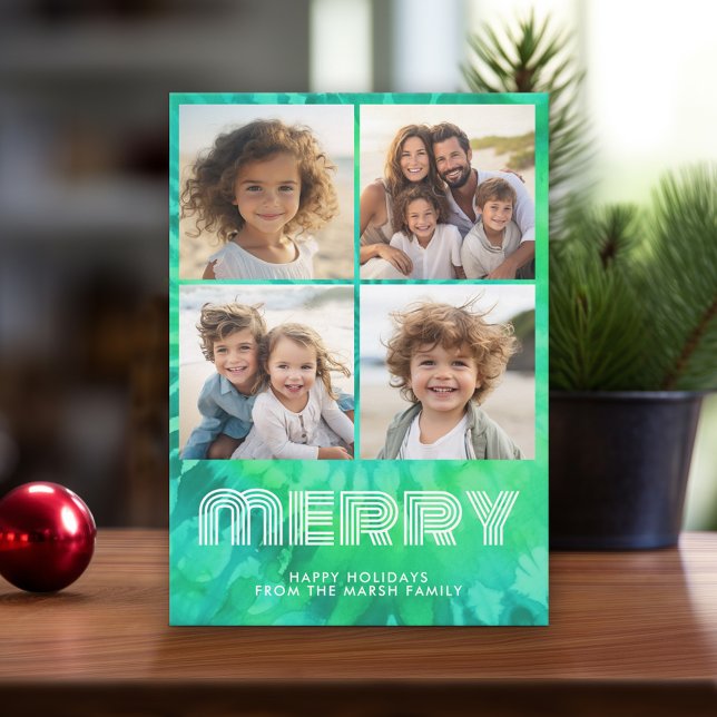 4 Photo Collage - retro MERRY - Tie-Dye Teal Holiday Card (Retro Tie Dye Pattern Christmas Card. Add a little color to your holiday with this online photo card)
