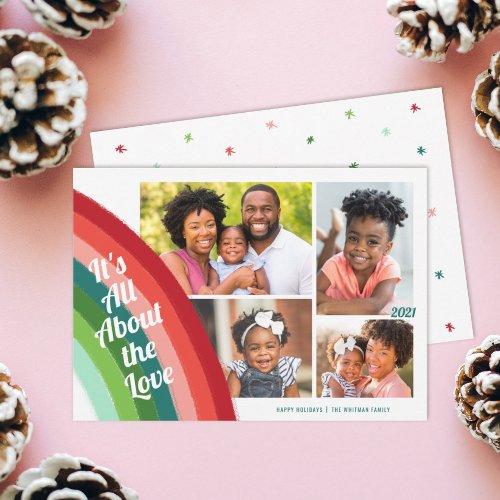 4 Photo Collage Retro Rainbow Christmas Love Holiday Card