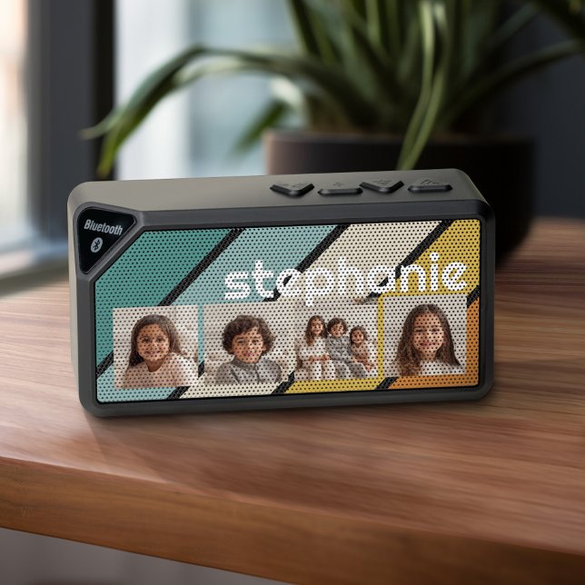 4 Photo Collage Retro Stripe - blue and gold Bluetooth Speaker (Personalized Bluetooth Speaker - retro stripe design with name)
