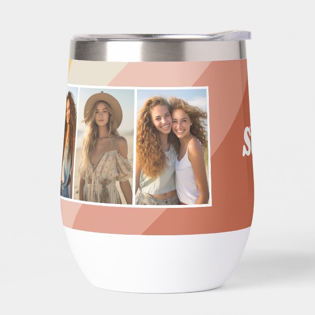 4 Photo Collage - Retro Stripes - chunky name Thermal Wine Tumbler (Left)