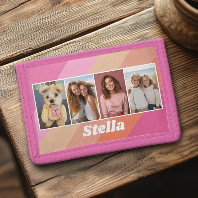 4 Photo Collage - Retro Stripes - chunky name Trifold Wallet (Custom Photo Collage Wallet)