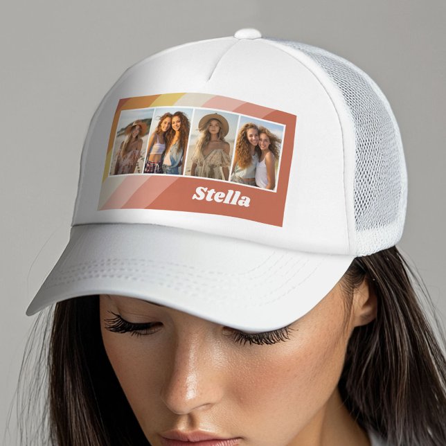 4 Photo Collage - Retro Stripes - chunky name Trucker Hat (Custom Trucker Hat with Photo Collage)