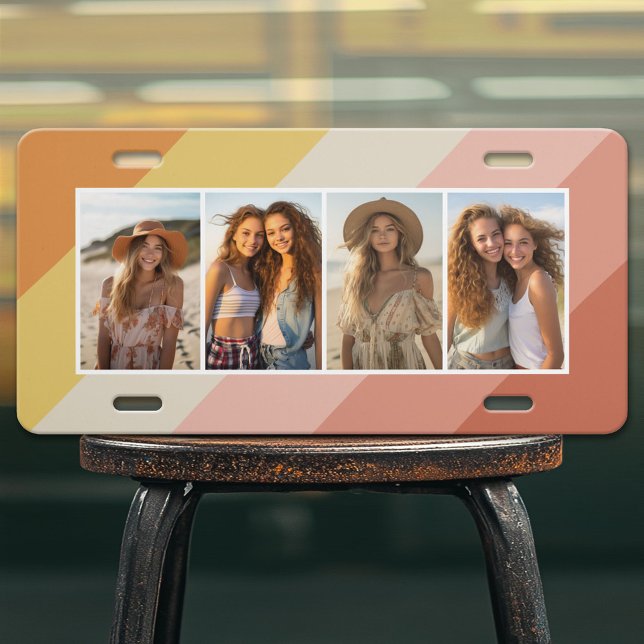 4 Photo Collage - Retro Stripes - pastel License Plate (Custom License Plate with Photo Collage)