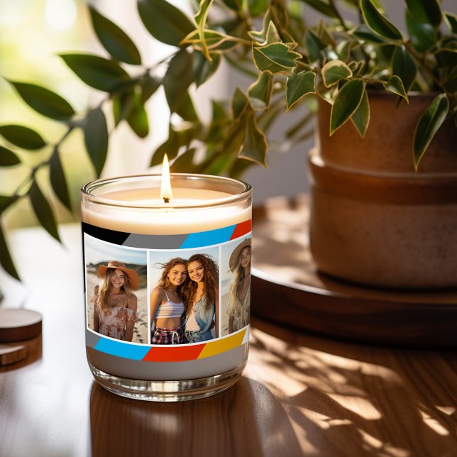 4 Photo Collage - Retro Stripes - Smells Like Scented Candle (Personalized candle with text and photo collage)