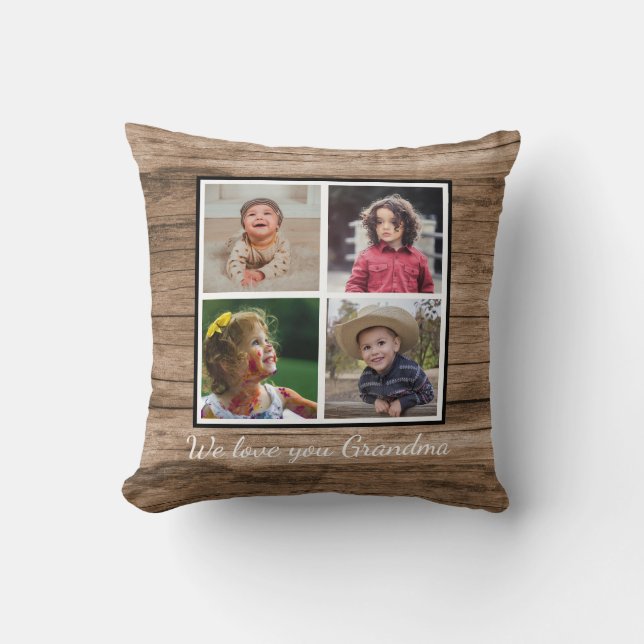 4 Photo Collage Rustic Wood Grandma Throw Pillow (Front)