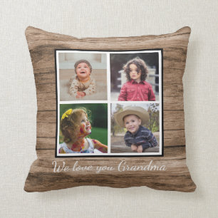 4 Photo Collage Rustic Wood Grandma Throw Pillow