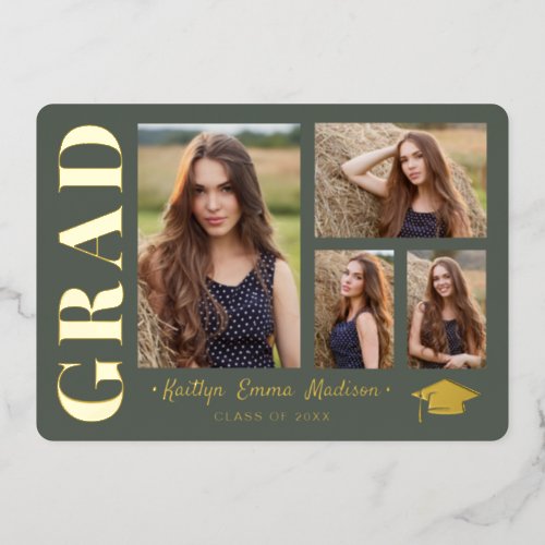 4 Photo Collage Sage Green  Gold Foil Grad Card