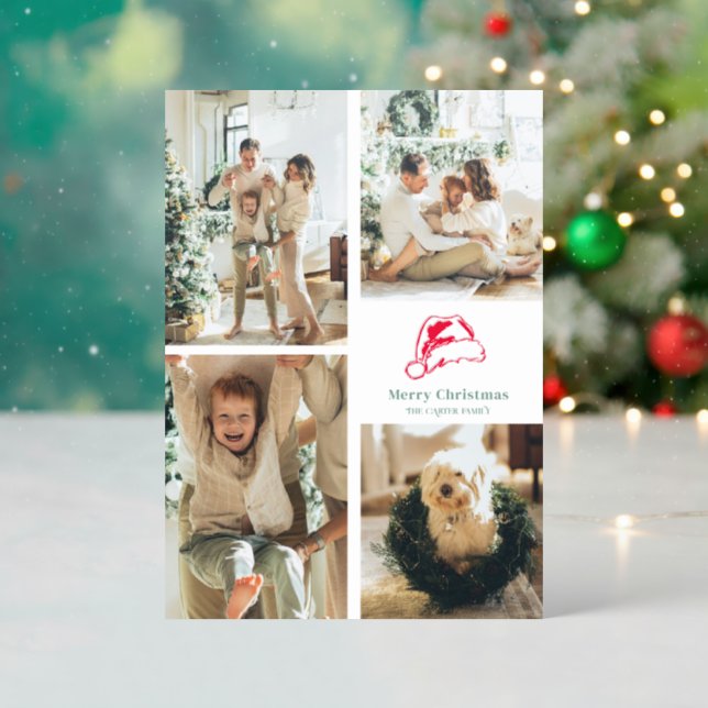 4 Photo Collage Santa Hat Letterpress Photo Cards (Front (Into))