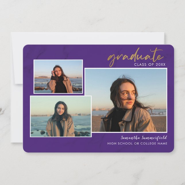 4 Photo Collage Script Grad 2022 Purple Graduation Announcement (Front)