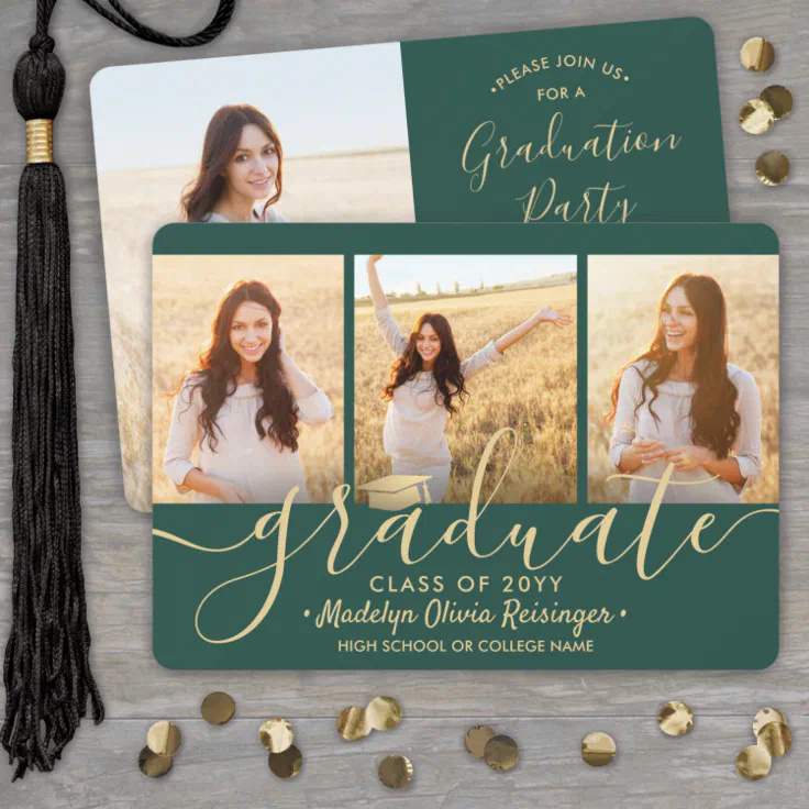 4 Photo Collage Script Green Gold Graduation Party Invitation | Zazzle