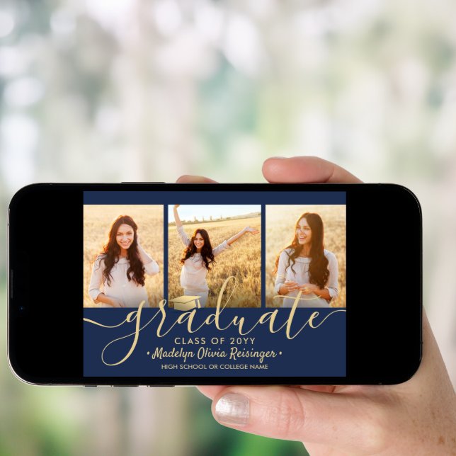 4 Photo Collage Script Navy Gold Graduation Party Invitation (Front Digital)