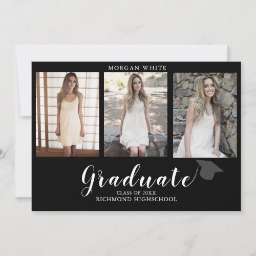 4 Photo Collage Simple Modern Black Graduation  Announcement