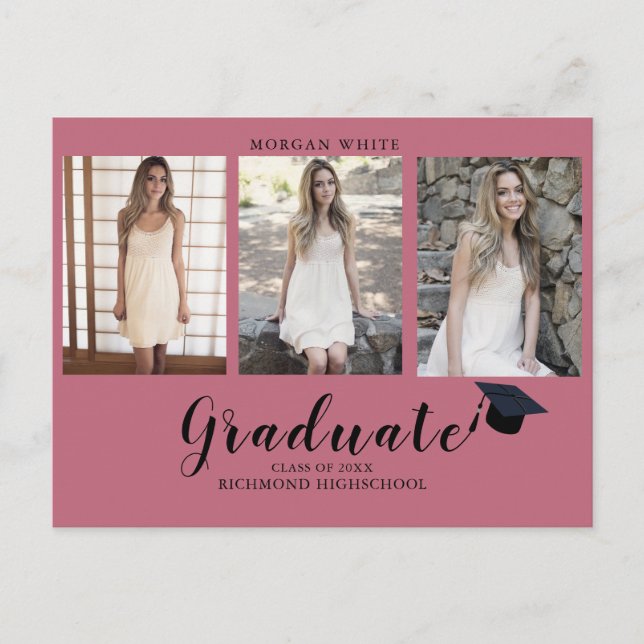 4 photo Collage Simple Modern Pink Graduation  Announcement Postcard (Front)