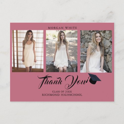 4 photo Collage Simple  Pink Graduation Thank You  Announcement Postcard