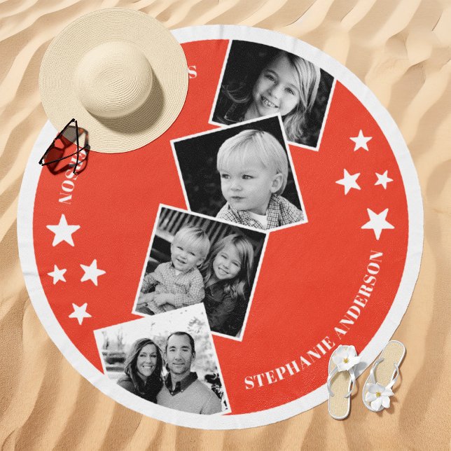 4 Photo Collage Stars Custom Name Coral Beach Towel (Creator Uploaded)