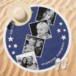 4 Photo Collage Stars Custom Name Navy Beach Towel<br><div class="desc">This navy blue 4-photo collage beach towel combines style and sentimentality with a classic film strip design. Featuring four slots for your favorite photos, personalized with your family name, it’s the perfect beach or picnic accessory to showcase your treasured memories. The navy backdrop and star accents add a touch of...</div>