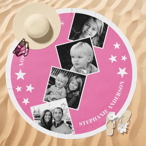 4 Photo Collage Stars Custom Name Pink Beach Towel