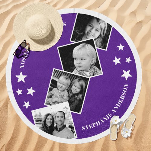 4 Photo Collage Stars Custom Name Purple Beach Towel