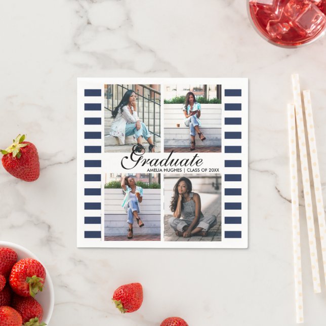 4 Photo Collage Stripes Graduation Party Napkins (Insitu)