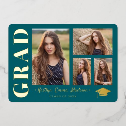 4 Photo Collage Teal  Gold Foil Grad Card