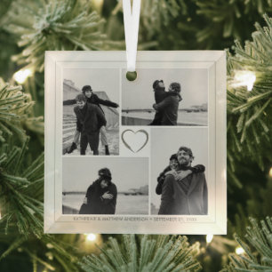 4 Photo Collage Wedding Anniversary Name & Date Glass Ornament