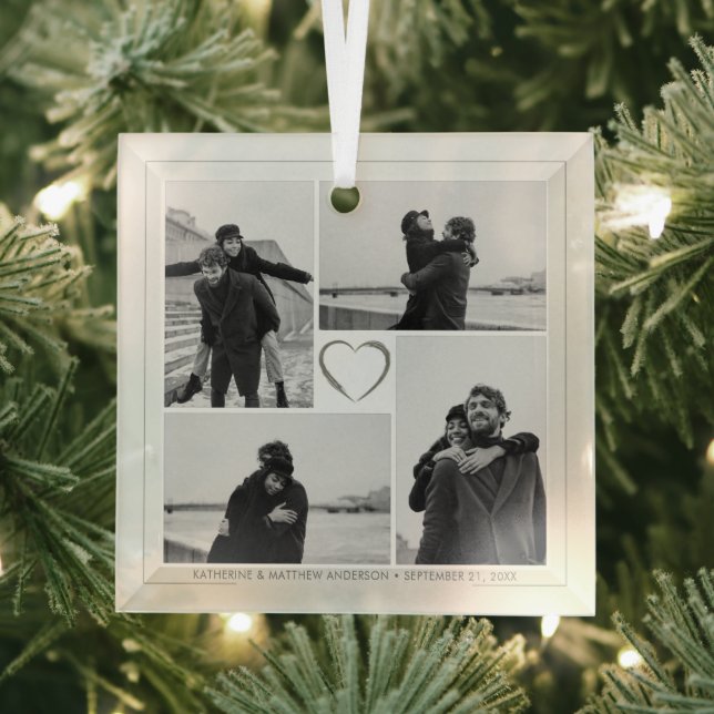 4 Photo Collage Wedding Anniversary Name & Date Glass Ornament (Insitu)