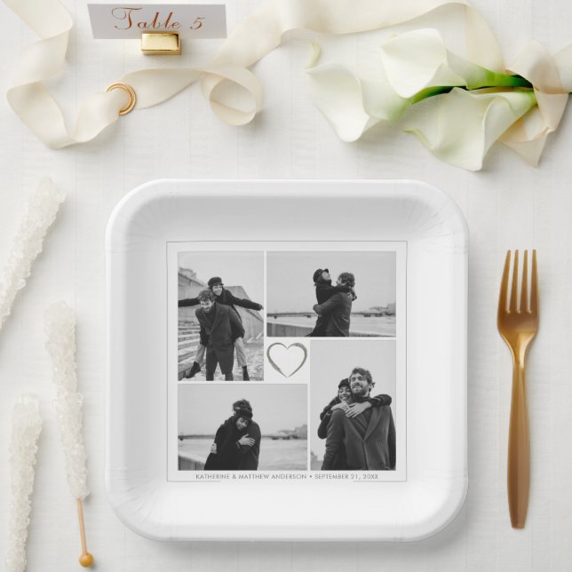 4 Photo Collage Wedding Anniversary Name & Date Paper Plates (Wedding)