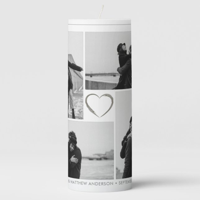 4 Photo Collage Wedding Anniversary Name & Date Pillar Candle (Front)