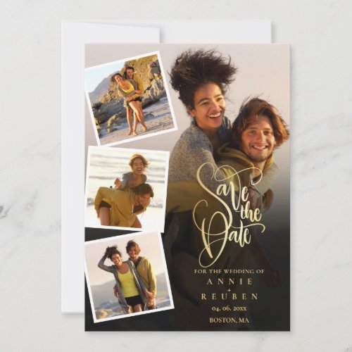 4 Photo Collage Wedding Gold Script Save The Date