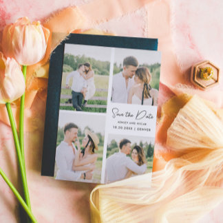 4 Photo Collage Wedding Save the Date Letterpress Photo Cards