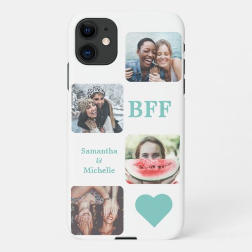 4 Photo Collage White and Teal Heart BFF iPhone 11 Case