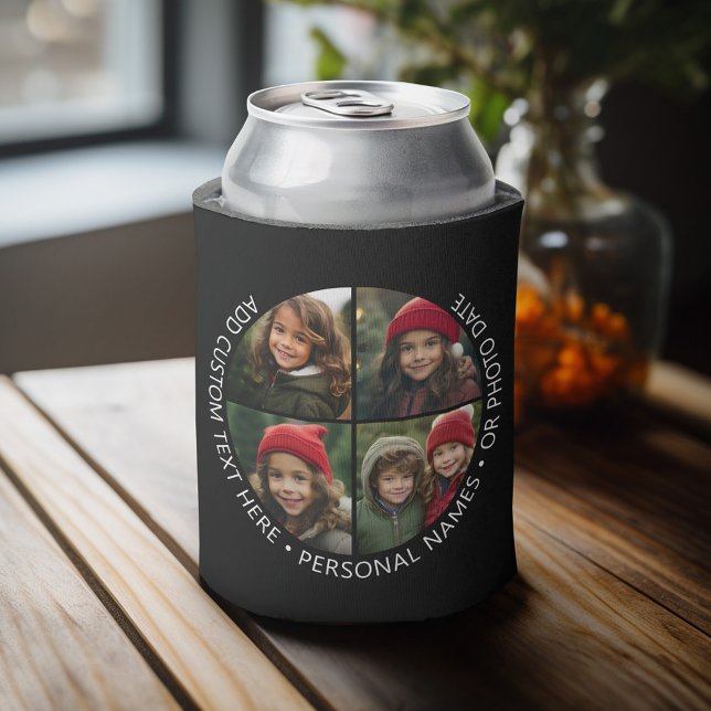 4 Photo Collage with Curvature Custom Text Around Can Cooler (Personalized can cooler with an area to add photos and custom text)