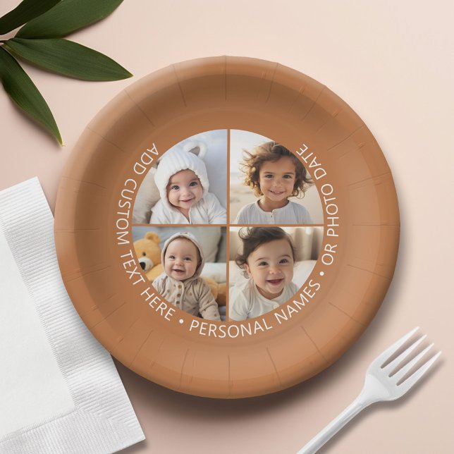 4 Photo Collage with Curvature Custom Text Around Paper Plates (Custom Paper Plate)