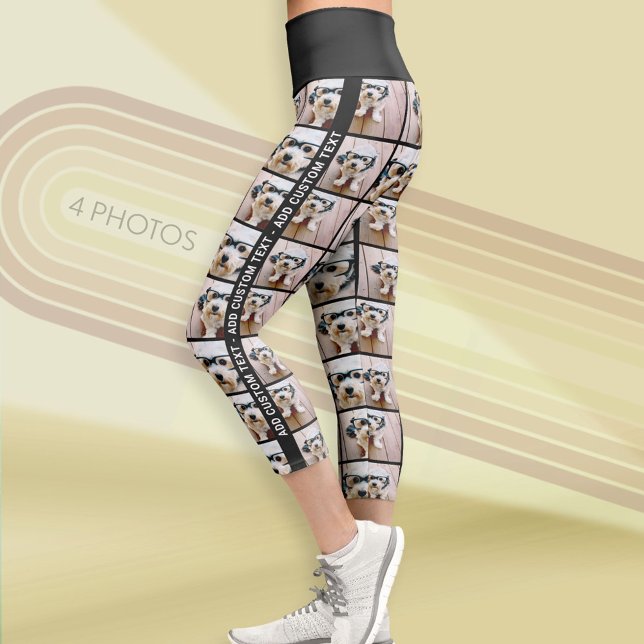 4 Photo Collage with Custom Text on the Sides Capri Leggings (Custom Photo Leggings)