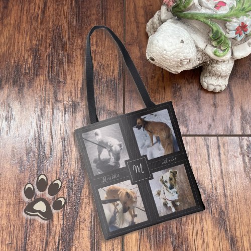 4 Photo Collage with Dog Quote Black Tote Bag