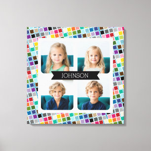 4 Photo Collage with funky colorful square pattern Canvas Print