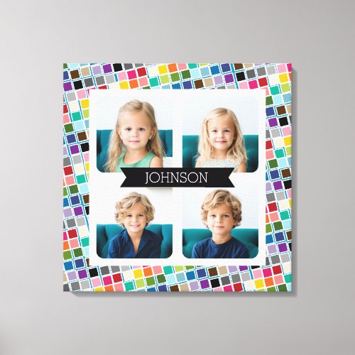 4 Photo Collage with funky colorful square pattern Canvas Print