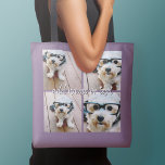 4 Photo Collage with handwritten name - purple Crossbody Bag<br><div class="desc">Use four square photos to create a unique and personal gift. Or you can keep the hipster puppy and make a trendy keepsake. If you need to adjust the pictures,  click on the customize tool to make changes.</div>