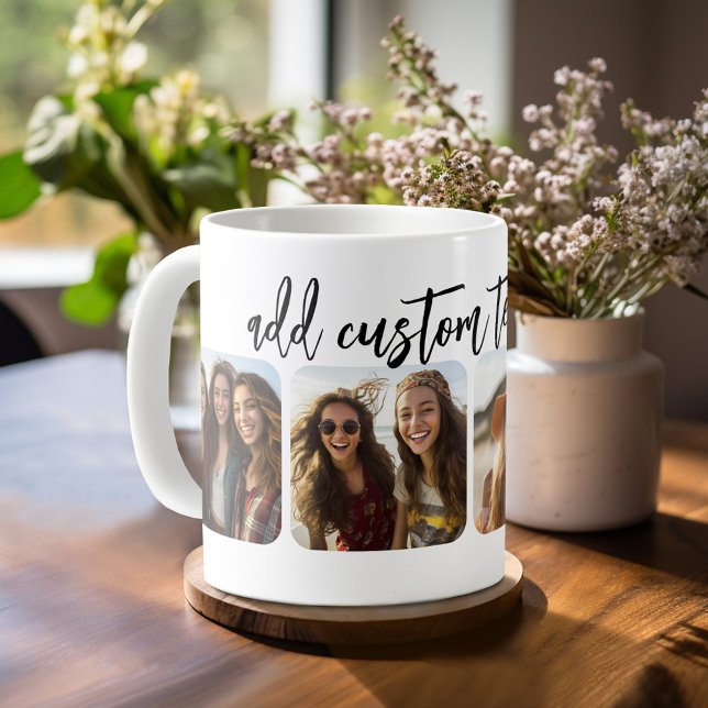 4 Photo Collage with trendy bounce script - white Coffee Mug (Personalized mug with 4 photos)