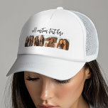 4 Photo Collage with trendy bounce script - white Trucker Hat<br><div class="desc">Use square cropped photos for best results. This 4 photo modern grid with a collage and rounded corners. Add your favorite pictures to this film strip for a fun memory keeper. An artistic way to display your best photo sharing pics.</div>