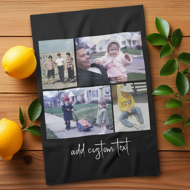 4 Photo Collage - you can change background color Kitchen Towel (Personalized Kitchen Towel with photos and text - Makes a great gift)