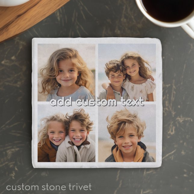 4 Photo Collage - you can change background color Trivet (Custom Stone Trivet with a Photo Collage and Text)