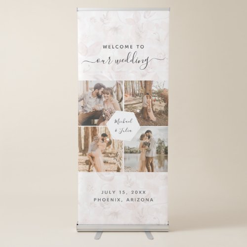 4 Photo Couple Collage  Pink Blush Floral Wedding Retractable Banner