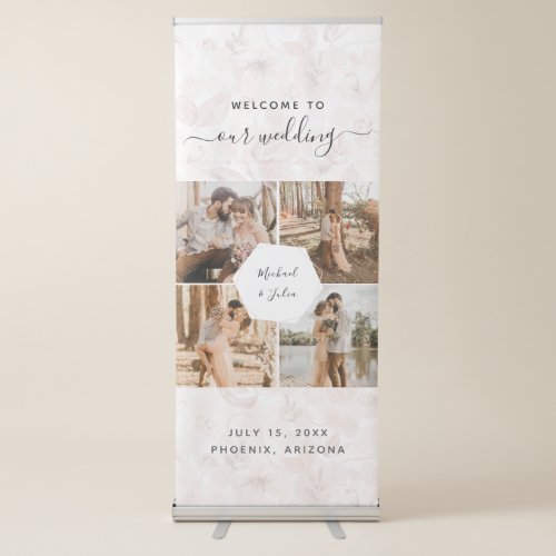 4 Photo Couple Collage  Pink Blush Floral Wedding Retractable Banner