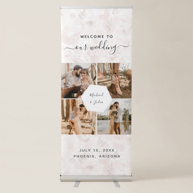 4 Photo Couple Collage & Pink Blush Floral Wedding Retractable Banner (Front)