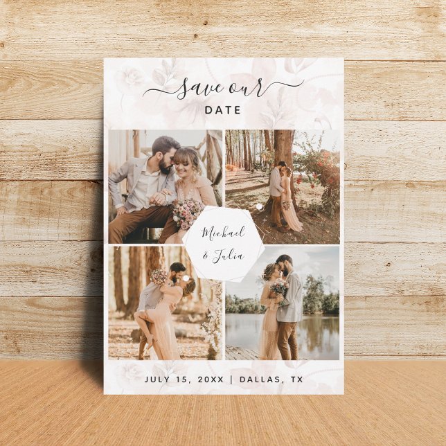4 Photo Couple Collage & Pink Blush Floral Wedding Save The Date (Creator Uploaded)