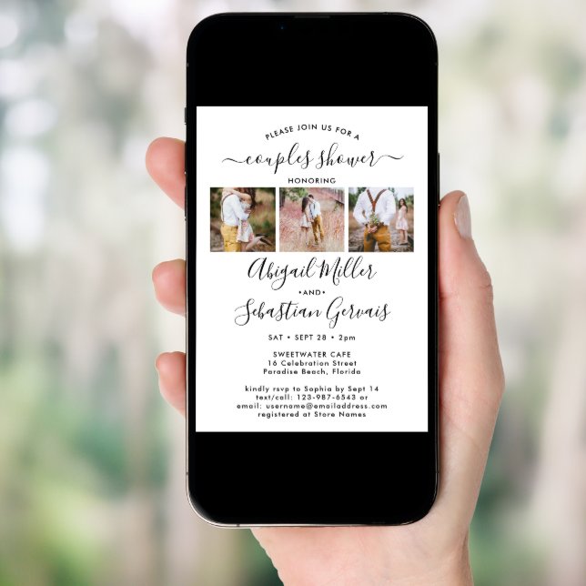 4 Photo Couples Bridal Shower Chic Modern Script Invitation (Front Digital)