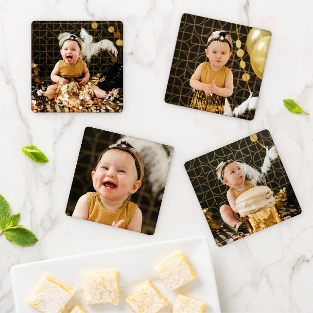 4 Photo Custom 1st Birthday Coaster Set (In Situ)